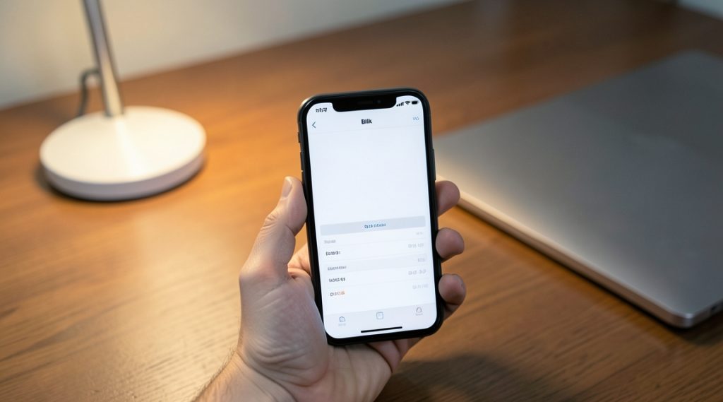 Smartfon na biurku z aplikacją bankową, obok laptop i lampka biurkowa