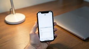 Smartfon na biurku z aplikacją bankową, obok laptop i lampka biurkowa